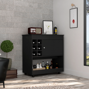 Lotus Bar CartSix Bottle Cubbies, One Cabinet, Four Casters