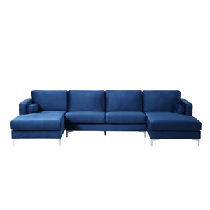 U-Shape Sectional Sofa with Two Pillows in Blue